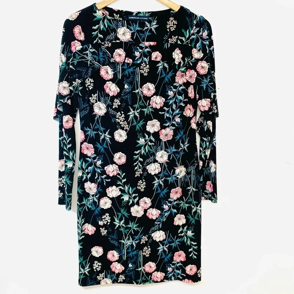 American Living Floral Knit  Dress 4  Long Sleeve‎ Knee Length Ruffle Black Pink